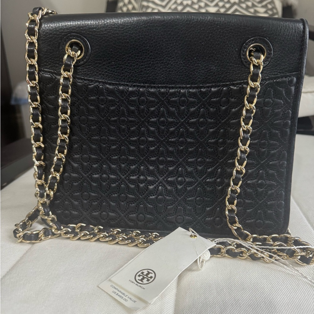 Tory Burch Bryant Medium Chain Shoulder Bag – Black Leather Floral Quilt